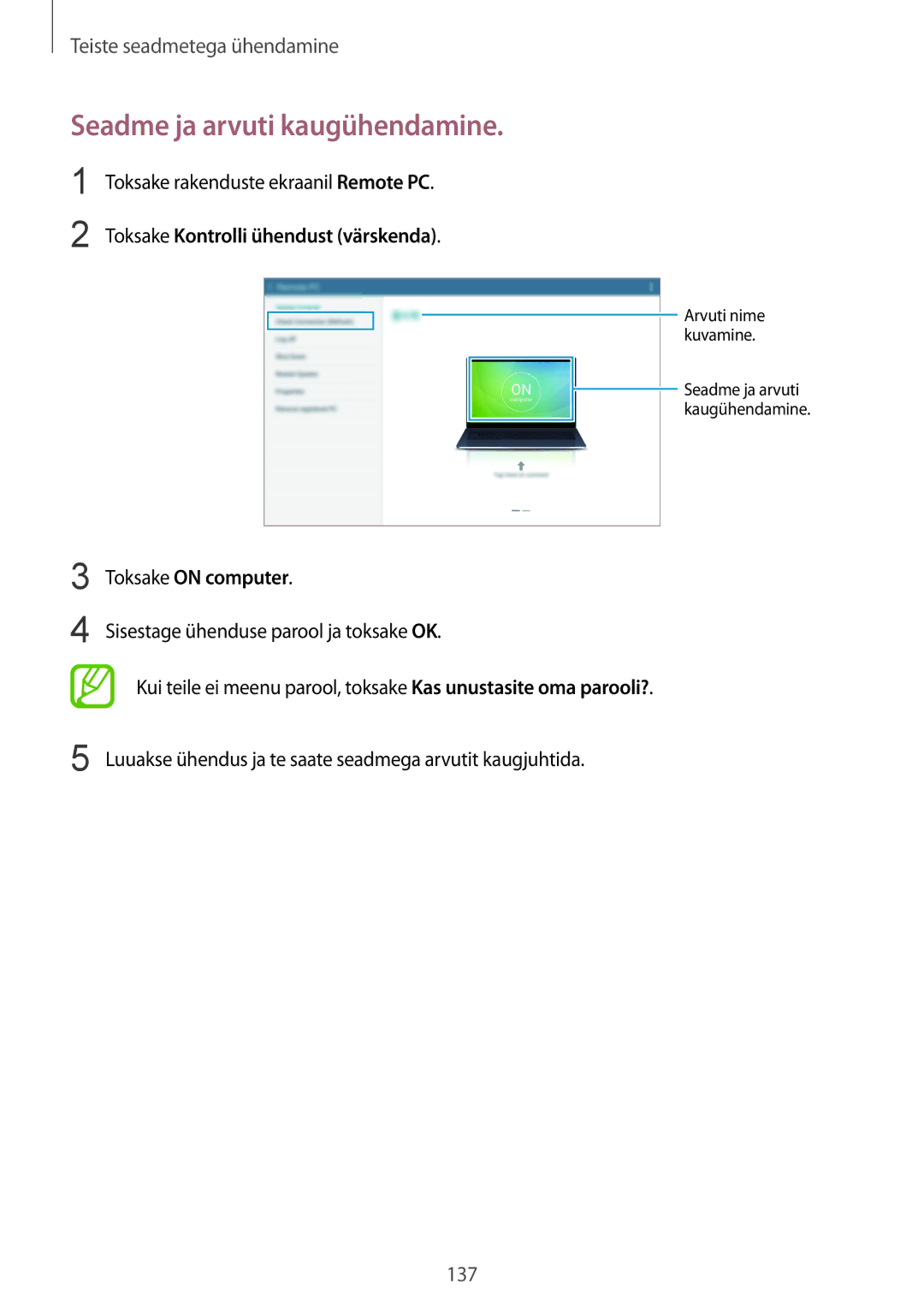 Samsung SM-T800NHAASEB manual Seadme ja arvuti kaugühendamine, Toksake rakenduste ekraanil Remote PC, Toksake on computer 