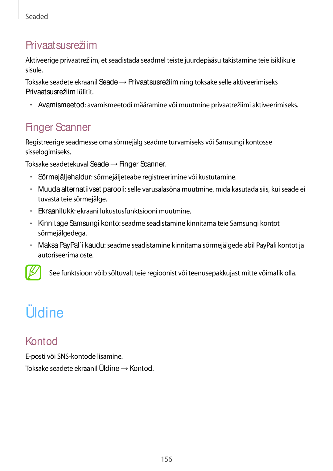 Samsung SM-T800NTSASEB, SM-T800NZWASEB, SM-T800NHAASEB manual Üldine, Privaatsusrežiim, Finger Scanner, Kontod 