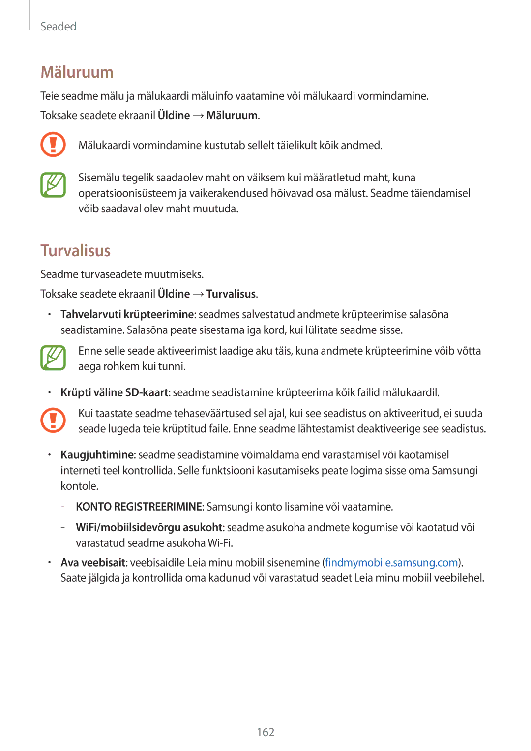 Samsung SM-T800NTSASEB, SM-T800NZWASEB, SM-T800NHAASEB manual Mäluruum, Turvalisus 