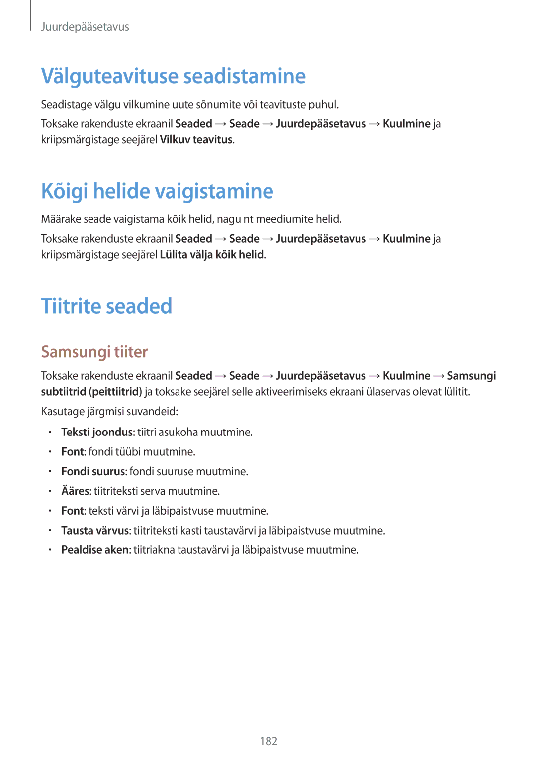 Samsung SM-T800NHAASEB manual Välguteavituse seadistamine, Kõigi helide vaigistamine, Tiitrite seaded, Samsungi tiiter 