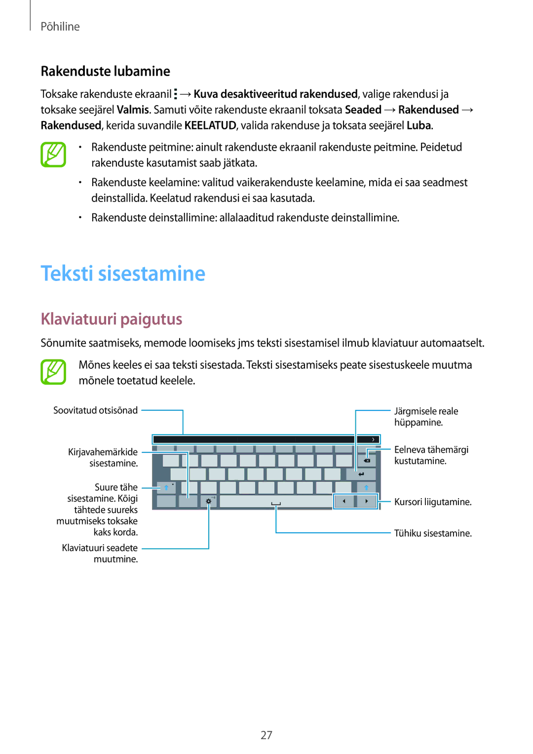 Samsung SM-T800NTSASEB, SM-T800NZWASEB, SM-T800NHAASEB manual Teksti sisestamine, Klaviatuuri paigutus, Rakenduste lubamine 