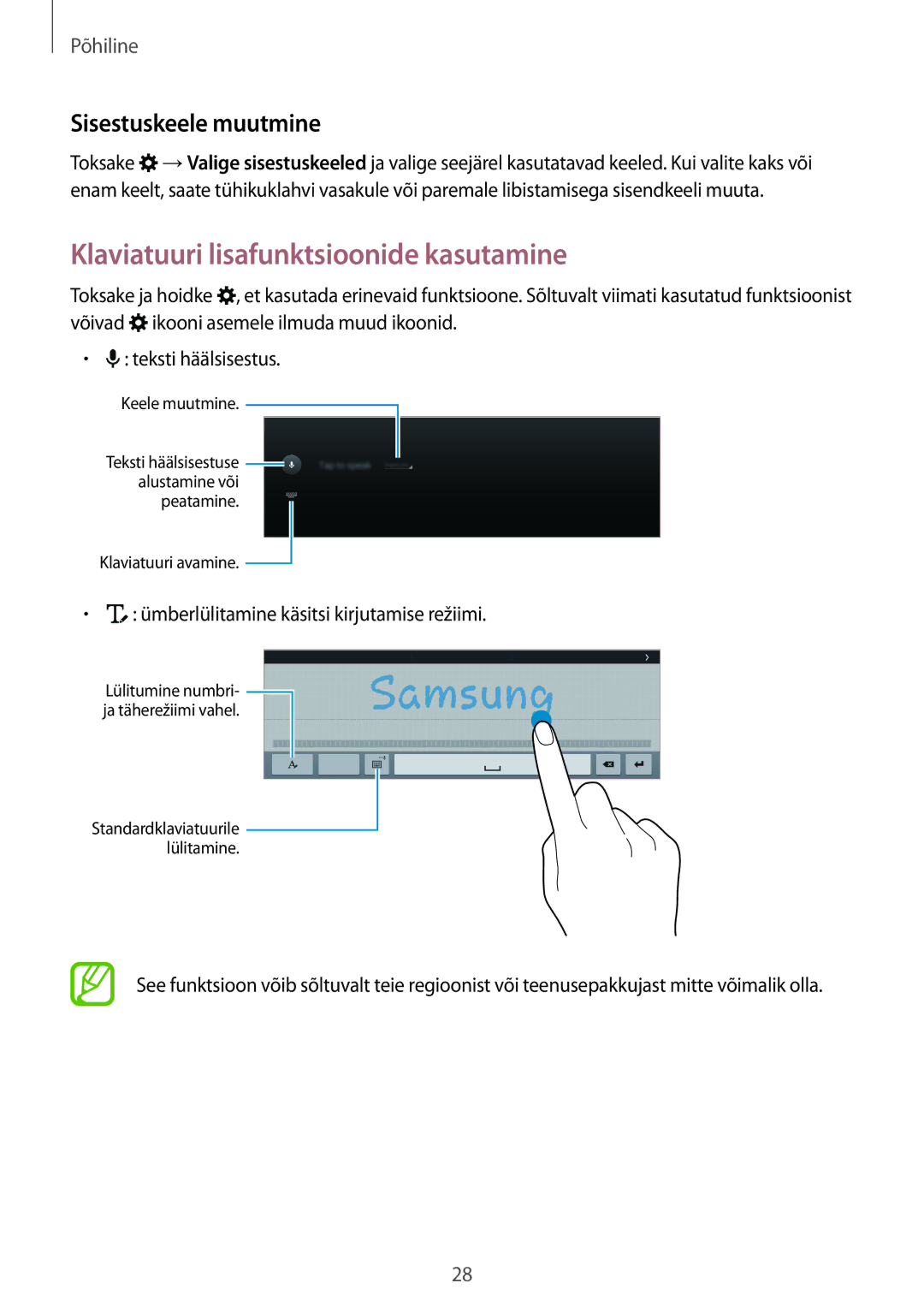 Samsung SM-T800NZWASEB, SM-T800NTSASEB, SM-T800NHAASEB Klaviatuuri lisafunktsioonide kasutamine, Sisestuskeele muutmine 