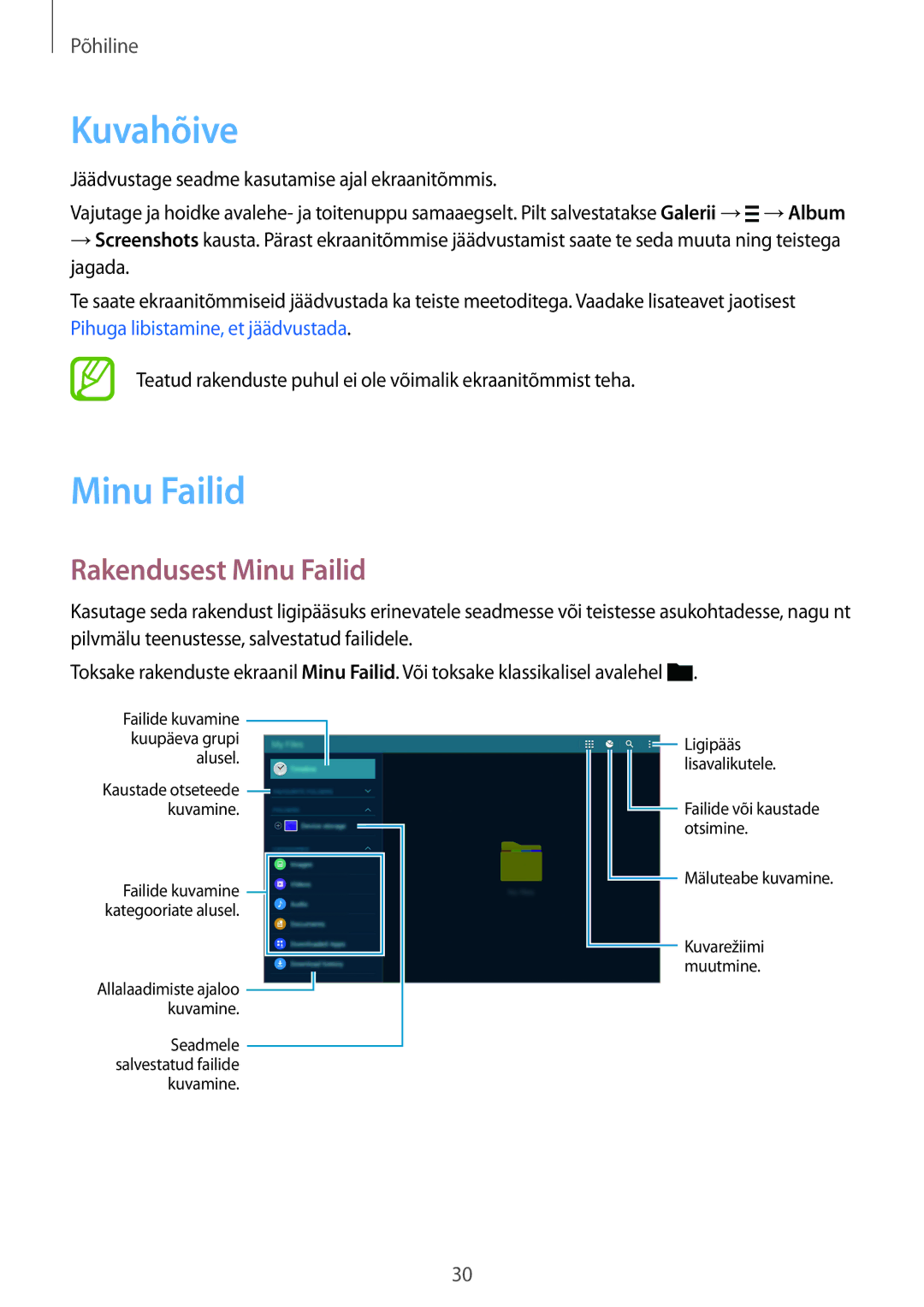 Samsung SM-T800NTSASEB manual Kuvahõive, Rakendusest Minu Failid, Jäädvustage seadme kasutamise ajal ekraanitõmmis 