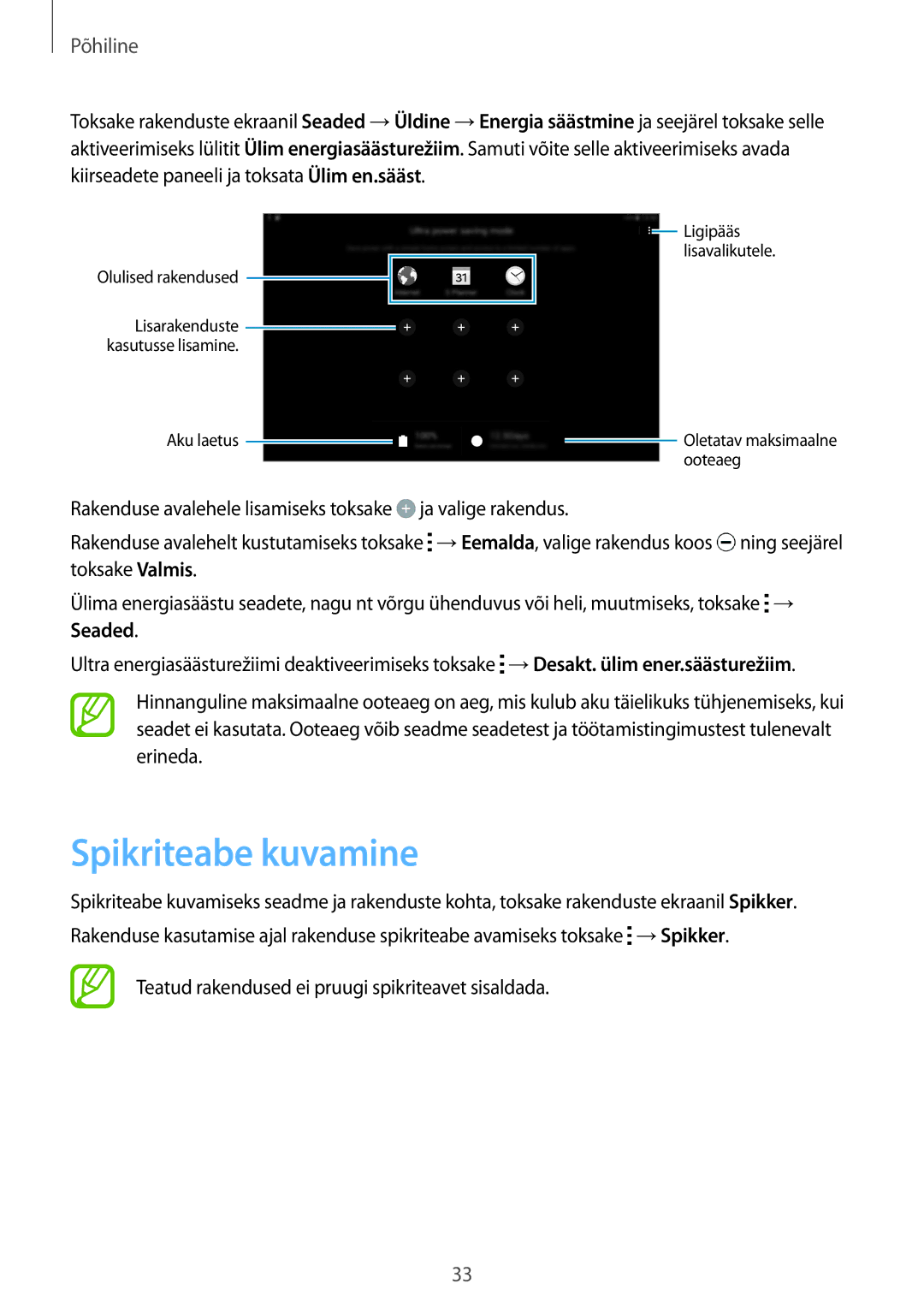 Samsung SM-T800NTSASEB, SM-T800NZWASEB manual Spikriteabe kuvamine, Teatud rakendused ei pruugi spikriteavet sisaldada 