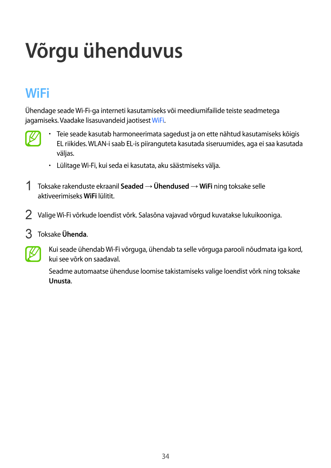 Samsung SM-T800NZWASEB, SM-T800NTSASEB, SM-T800NHAASEB manual Võrgu ühenduvus, WiFi 