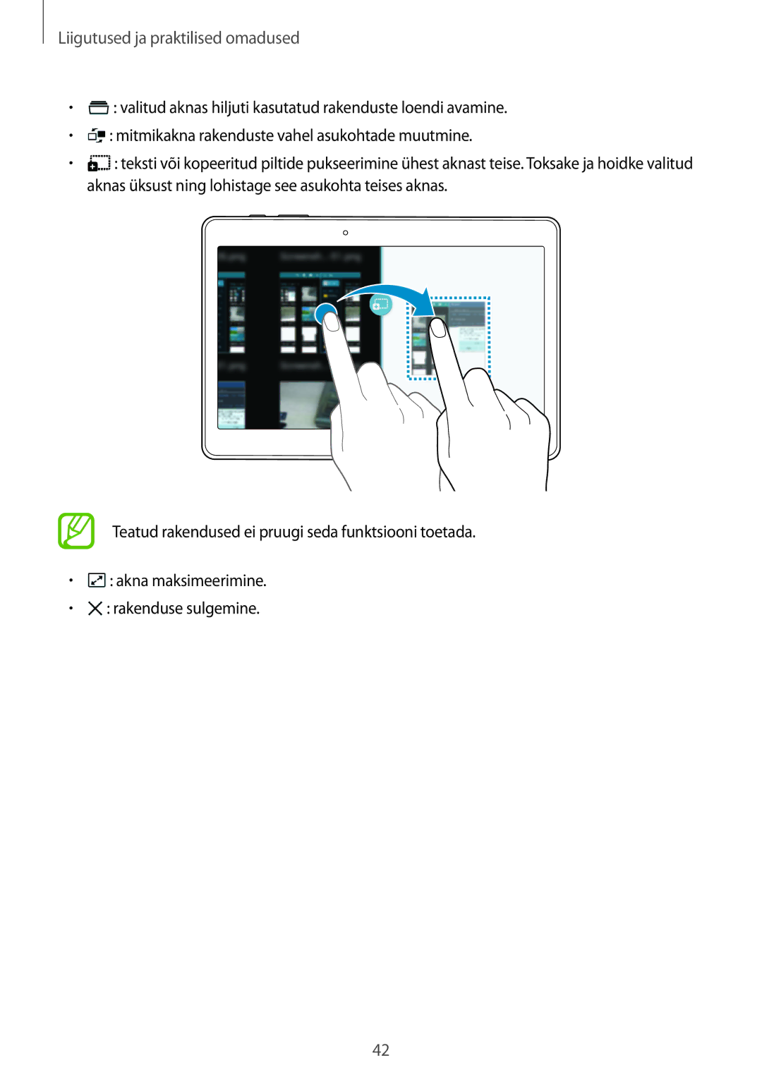 Samsung SM-T800NTSASEB, SM-T800NZWASEB, SM-T800NHAASEB manual Liigutused ja praktilised omadused 