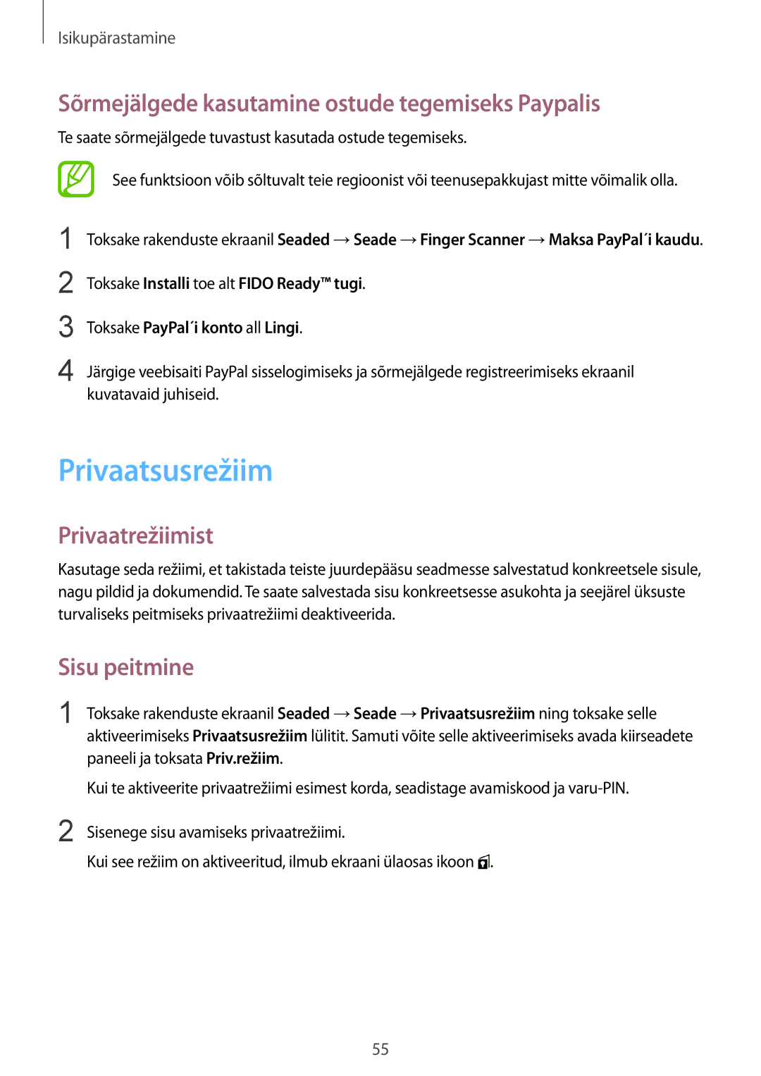 Samsung SM-T800NZWASEB manual Privaatsusrežiim, Sõrmejälgede kasutamine ostude tegemiseks Paypalis, Privaatrežiimist 