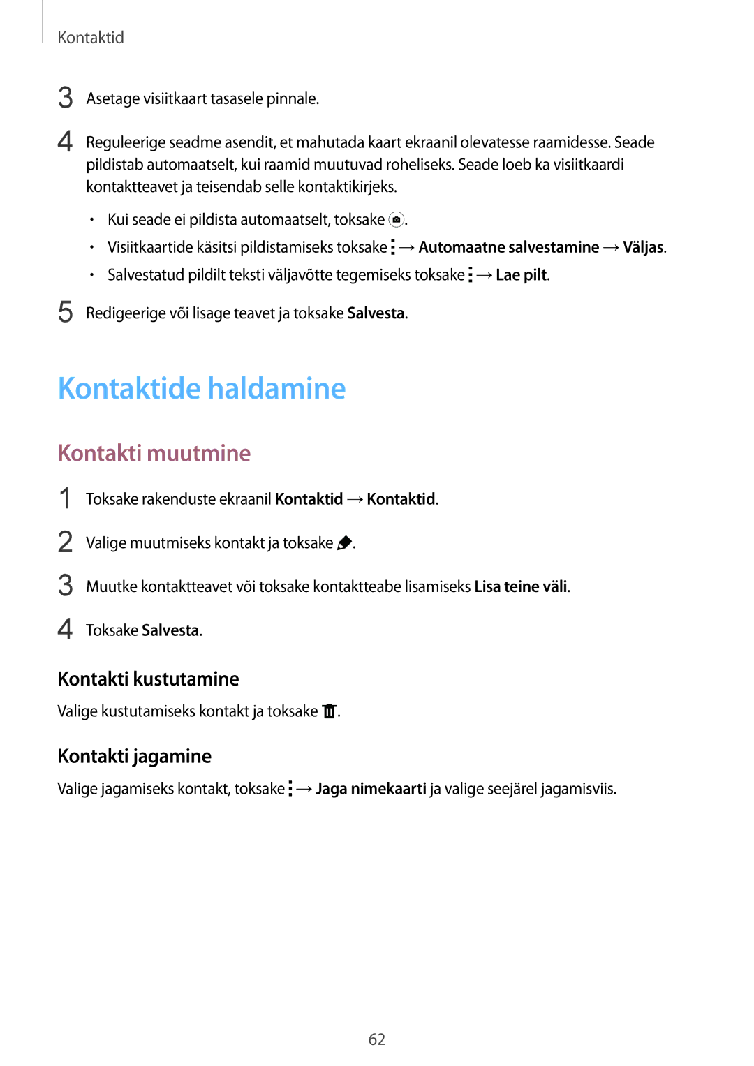 Samsung SM-T800NHAASEB, SM-T800NTSASEB Kontaktide haldamine, Kontakti muutmine, Kontakti kustutamine, Kontakti jagamine 