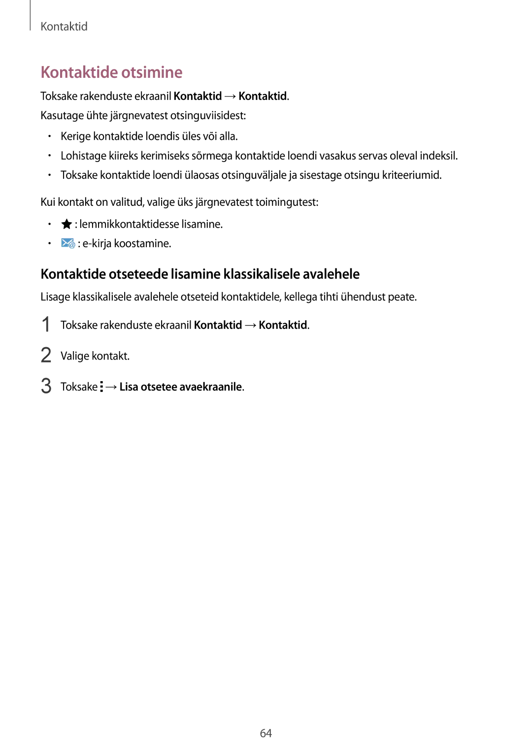 Samsung SM-T800NZWASEB manual Kontaktide otsimine, Kontaktide otseteede lisamine klassikalisele avalehele, Valige kontakt 