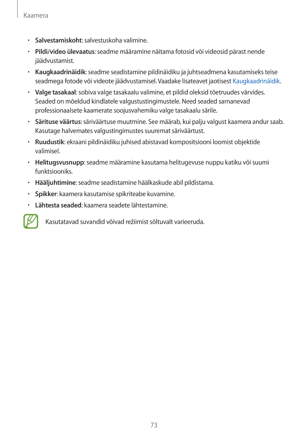 Samsung SM-T800NZWASEB, SM-T800NTSASEB, SM-T800NHAASEB manual Kaamera 