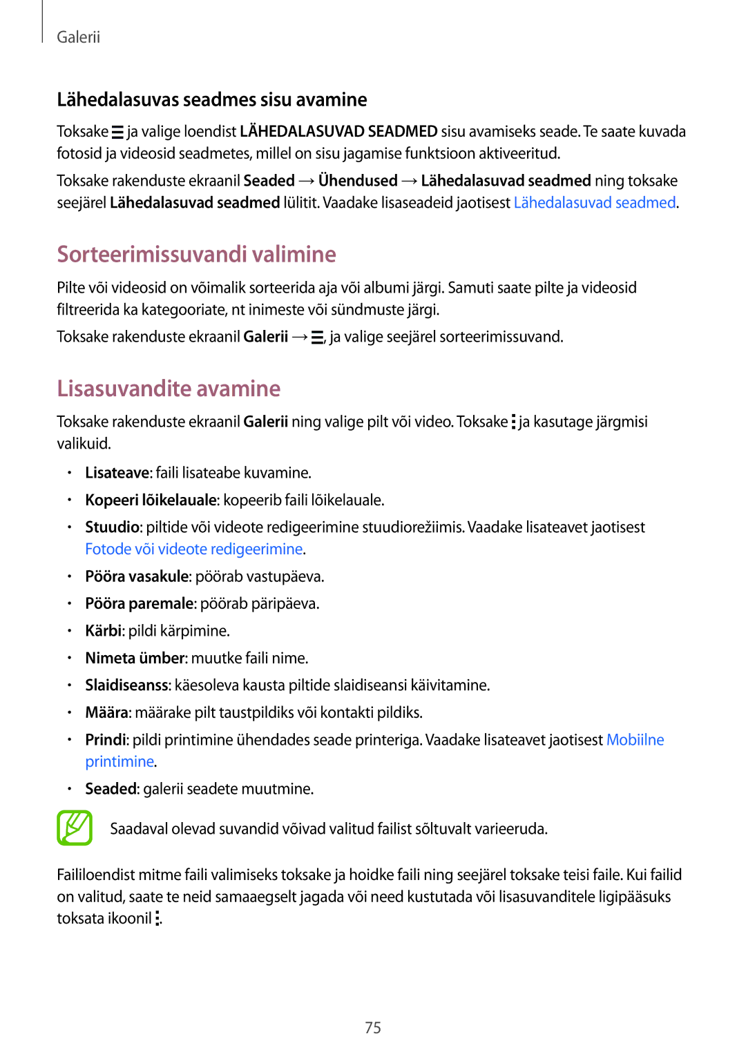 Samsung SM-T800NTSASEB manual Sorteerimissuvandi valimine, Lisasuvandite avamine, Lähedalasuvas seadmes sisu avamine 