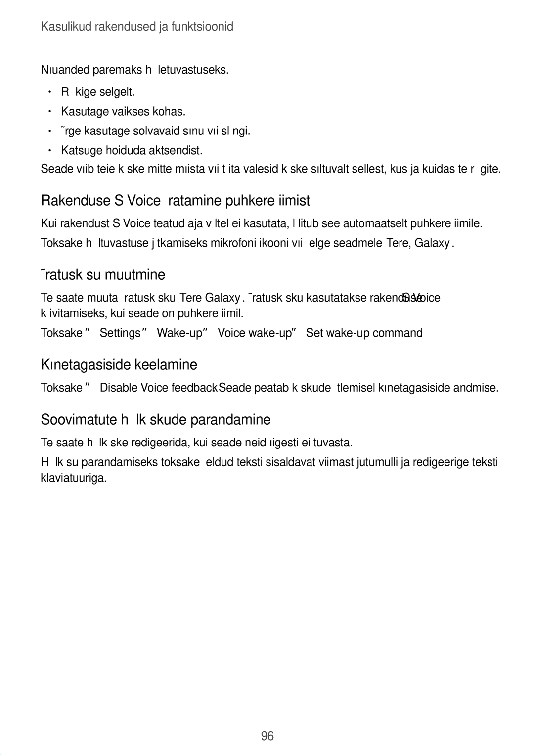 Samsung SM-T800NTSASEB manual Rakenduse S Voice äratamine puhkerežiimist, Äratuskäsu muutmine, Kõnetagasiside keelamine 