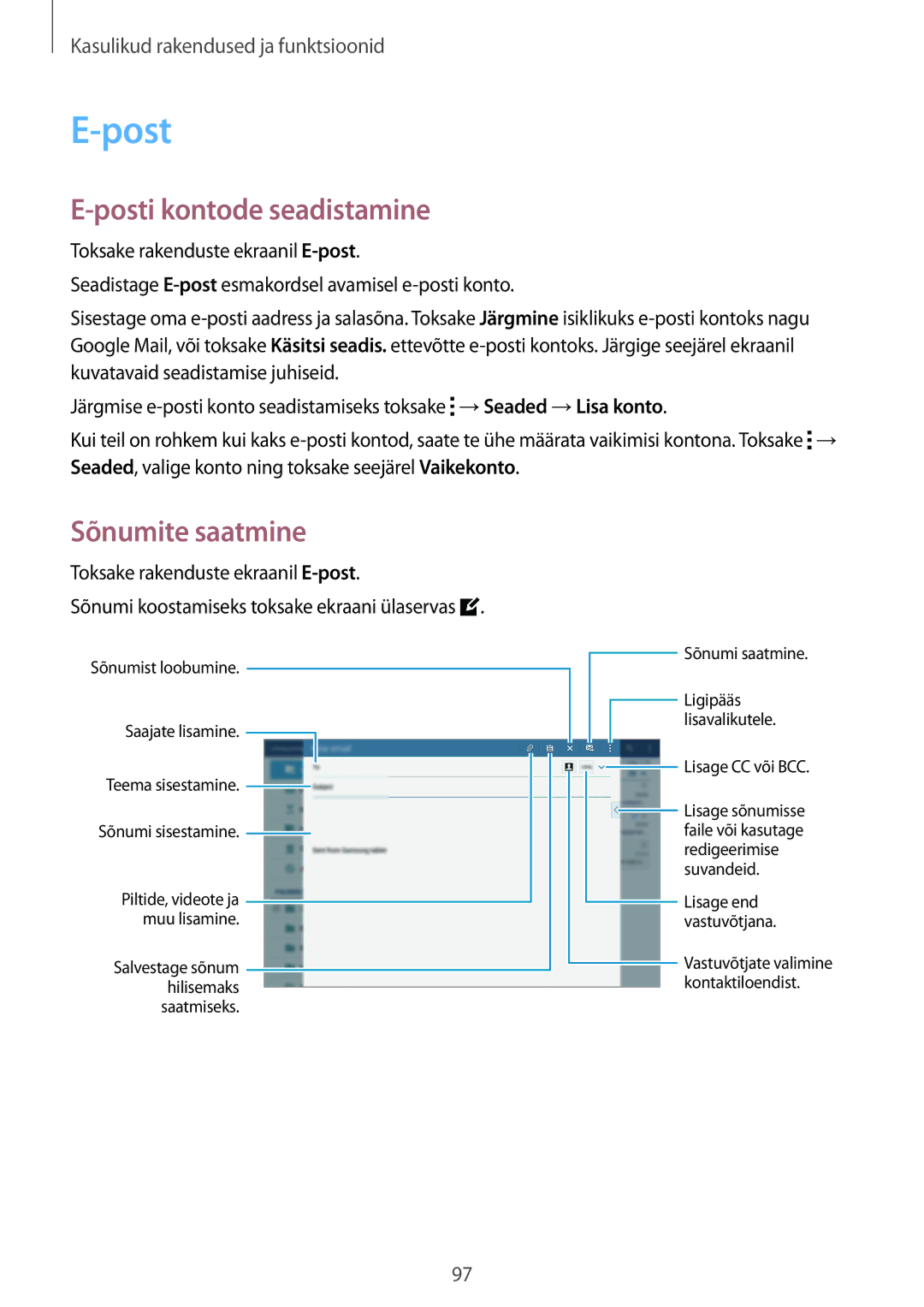 Samsung SM-T800NZWASEB, SM-T800NTSASEB, SM-T800NHAASEB manual Posti kontode seadistamine, Sõnumite saatmine 