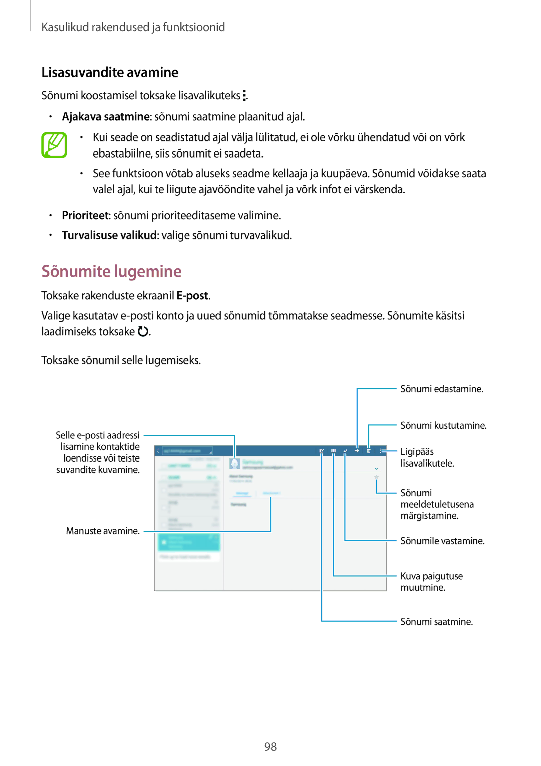 Samsung SM-T800NHAASEB, SM-T800NTSASEB, SM-T800NZWASEB manual Sõnumite lugemine, Lisasuvandite avamine 