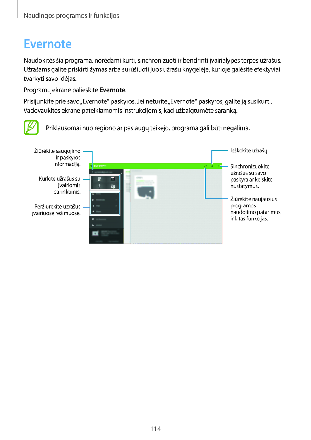 Samsung SM-T800NTSASEB, SM-T800NZWASEB, SM-T800NHAASEB manual Evernote, Ieškokite užrašų 