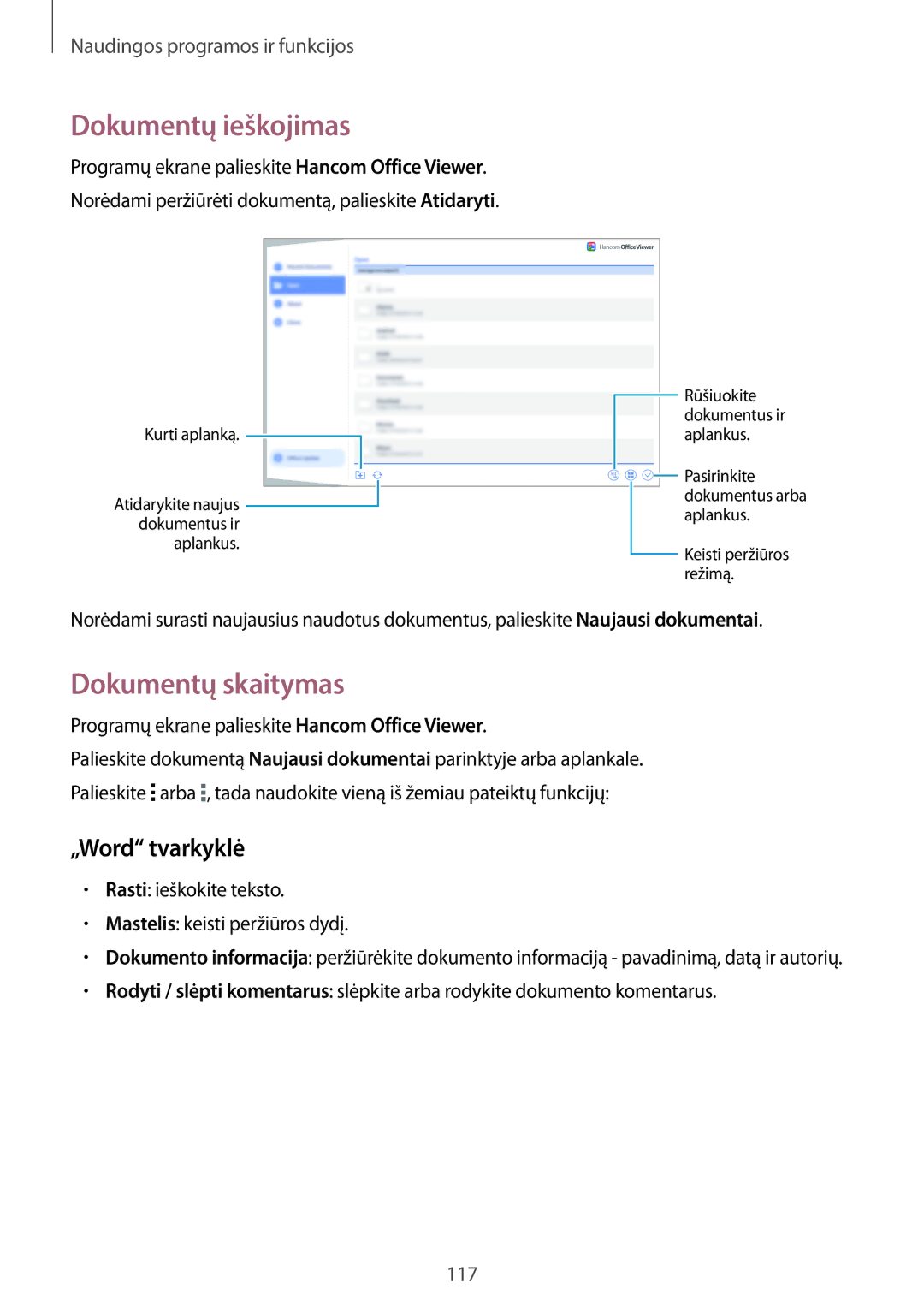 Samsung SM-T800NTSASEB, SM-T800NZWASEB, SM-T800NHAASEB manual Dokumentų ieškojimas, Dokumentų skaitymas, „Word tvarkyklė 