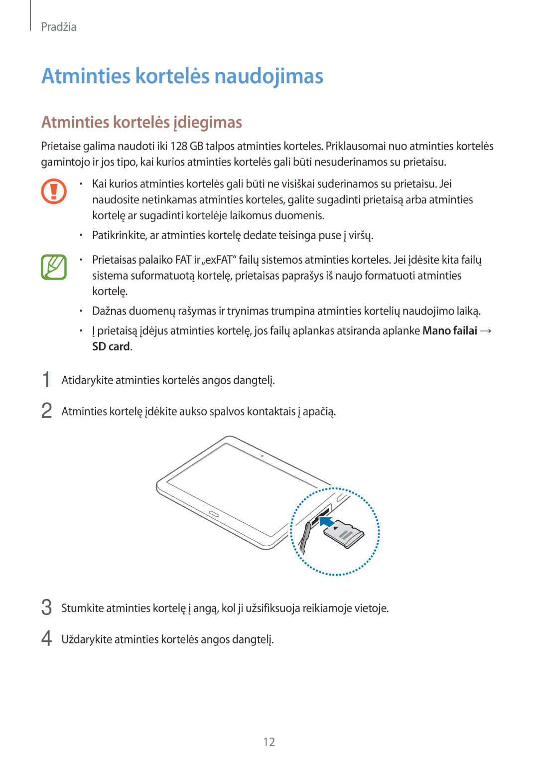 Samsung SM-T800NTSASEB, SM-T800NZWASEB, SM-T800NHAASEB manual Atminties kortelės naudojimas, Atminties kortelės įdiegimas 