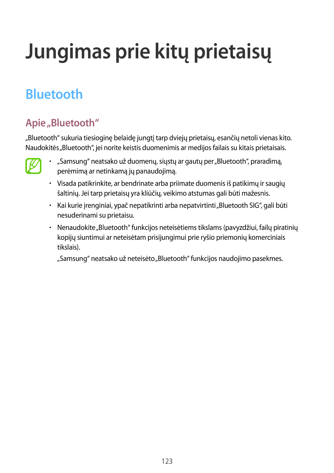 Samsung SM-T800NTSASEB, SM-T800NZWASEB, SM-T800NHAASEB manual Jungimas prie kitų prietaisų, Apie„Bluetooth 