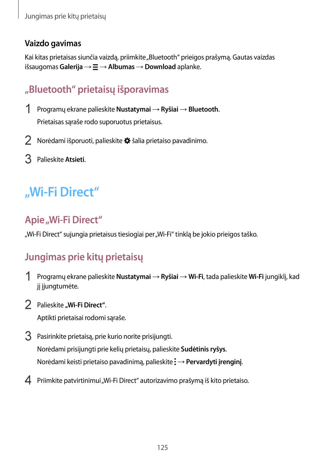 Samsung SM-T800NHAASEB manual „Bluetooth prietaisų išporavimas, Apie„Wi-Fi Direct, Jungimas prie kitų prietaisų 