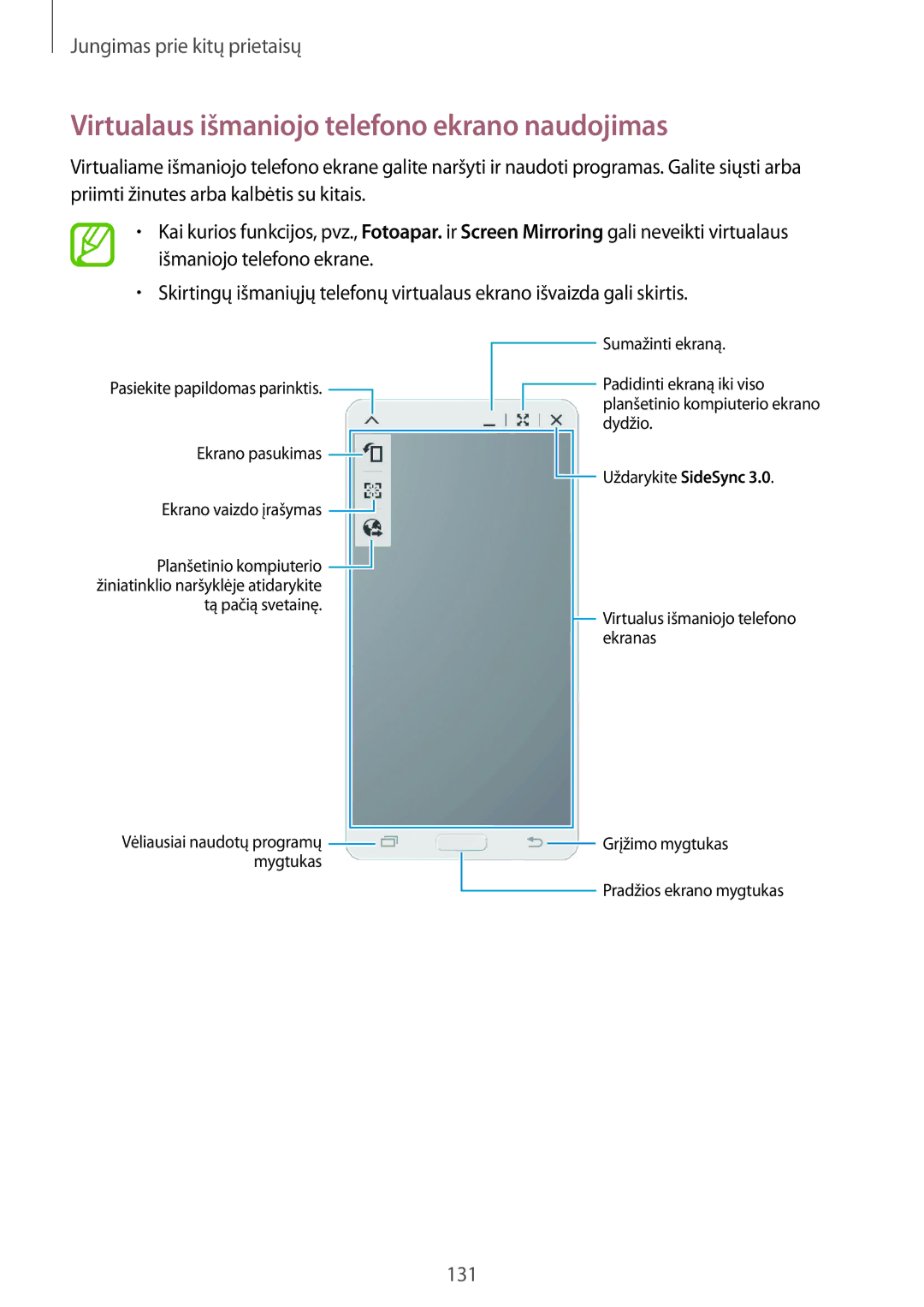 Samsung SM-T800NHAASEB, SM-T800NTSASEB, SM-T800NZWASEB manual Virtualaus išmaniojo telefono ekrano naudojimas 