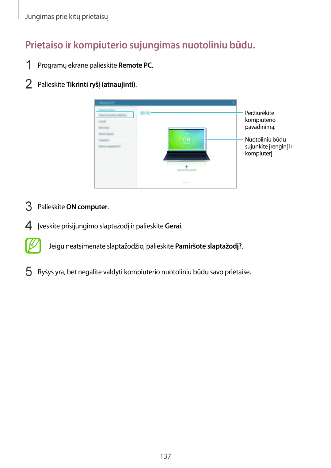 Samsung SM-T800NHAASEB, SM-T800NTSASEB, SM-T800NZWASEB manual Prietaiso ir kompiuterio sujungimas nuotoliniu būdu 