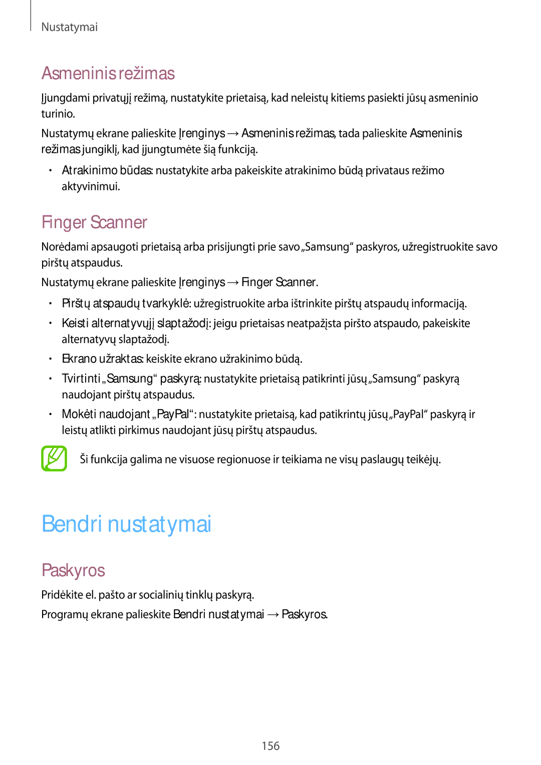 Samsung SM-T800NTSASEB, SM-T800NZWASEB, SM-T800NHAASEB manual Bendri nustatymai, Asmeninis režimas, Finger Scanner, Paskyros 