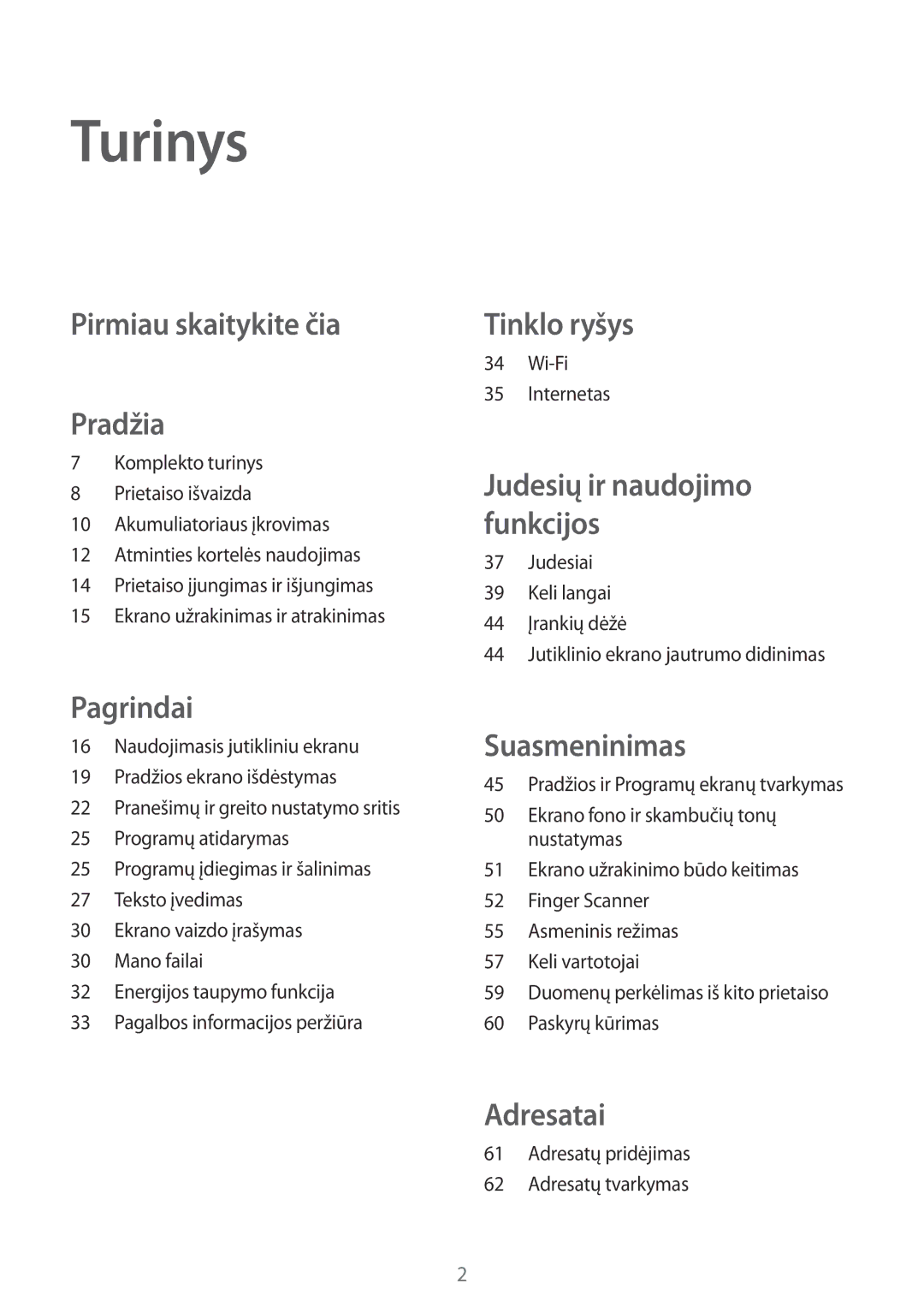 Samsung SM-T800NHAASEB, SM-T800NTSASEB, SM-T800NZWASEB Turinys, Wi-Fi Internetas, Adresatų pridėjimas Adresatų tvarkymas 