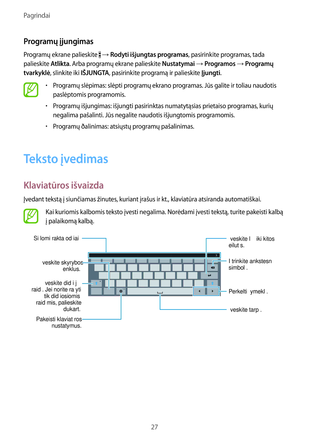 Samsung SM-T800NTSASEB, SM-T800NZWASEB, SM-T800NHAASEB manual Teksto įvedimas, Klaviatūros išvaizda, Programų įjungimas 