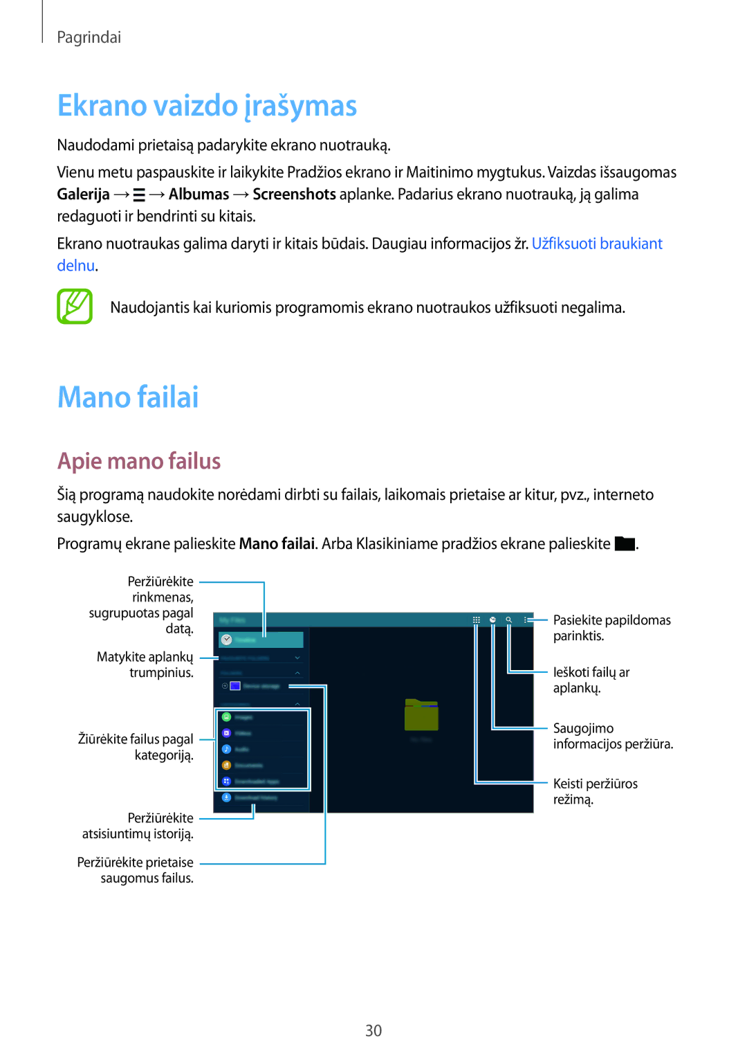 Samsung SM-T800NTSASEB, SM-T800NZWASEB, SM-T800NHAASEB manual Ekrano vaizdo įrašymas, Mano failai, Apie mano failus 