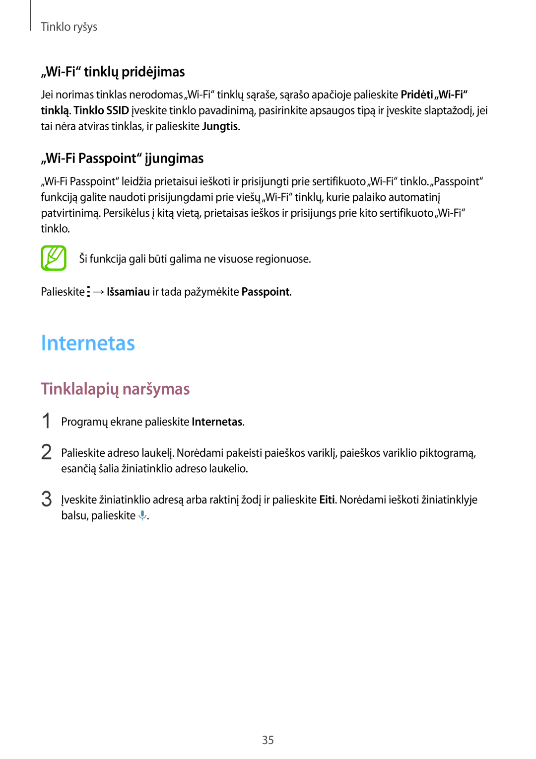 Samsung SM-T800NHAASEB manual Internetas, Tinklalapių naršymas, „Wi-Fi tinklų pridėjimas, „Wi-Fi Passpoint įjungimas 