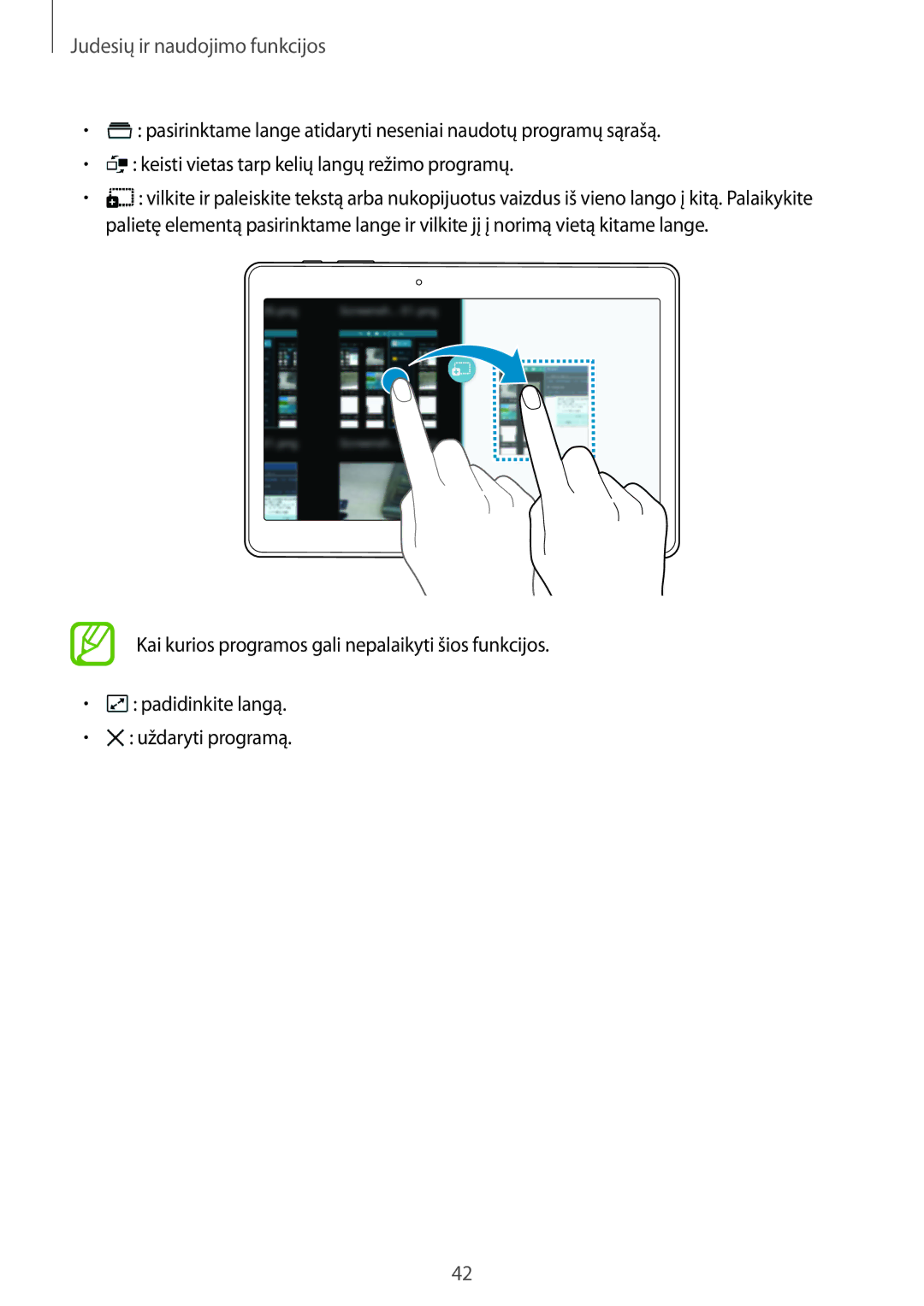 Samsung SM-T800NTSASEB, SM-T800NZWASEB, SM-T800NHAASEB manual Judesių ir naudojimo funkcijos 