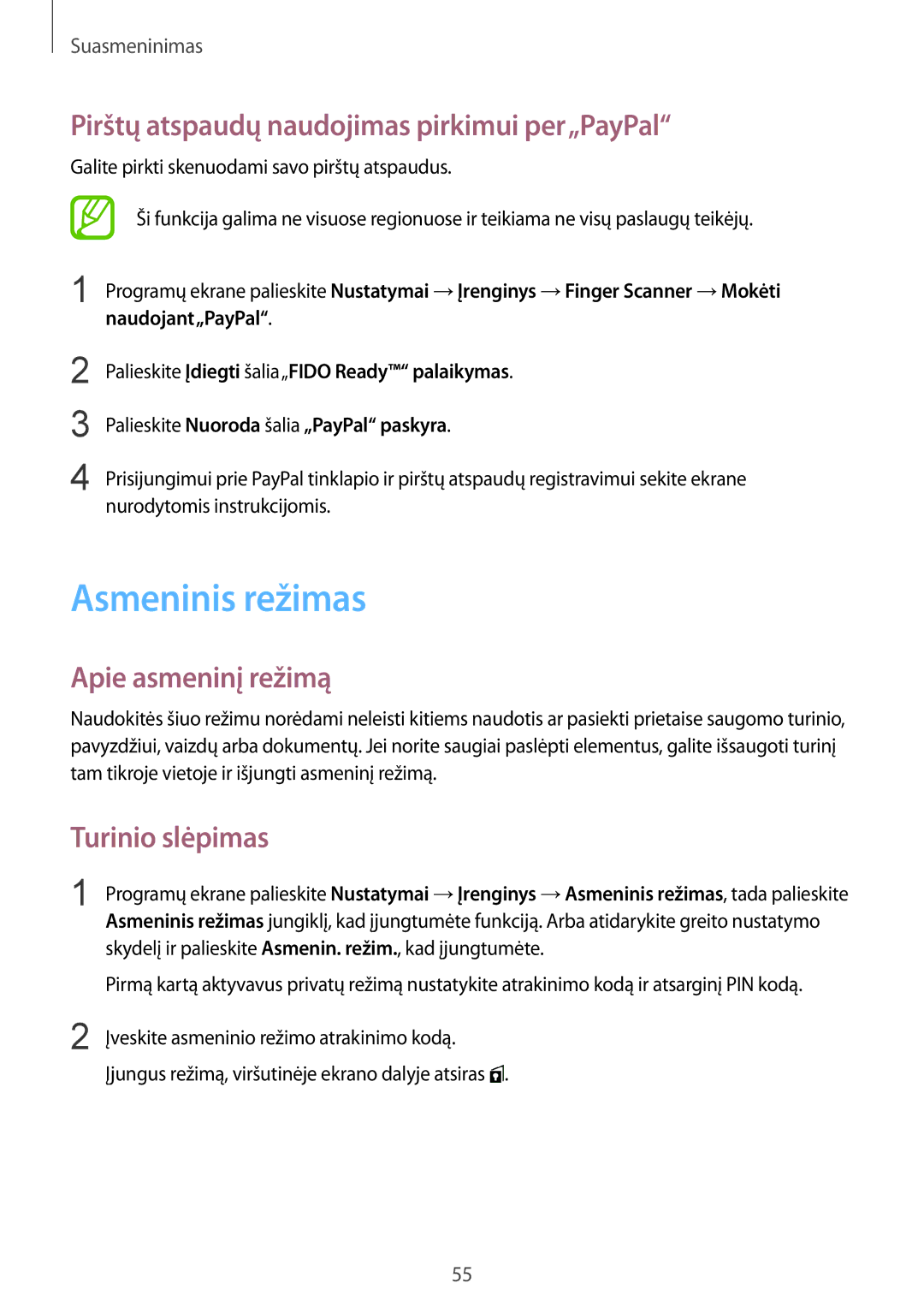 Samsung SM-T800NZWASEB manual Asmeninis režimas, Pirštų atspaudų naudojimas pirkimui per„PayPal, Apie asmeninį režimą 