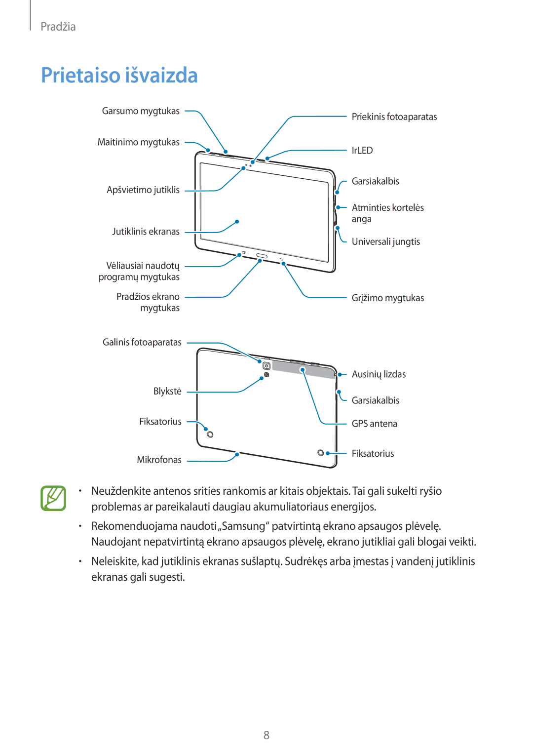 Samsung SM-T800NHAASEB, SM-T800NTSASEB, SM-T800NZWASEB manual Prietaiso išvaizda 