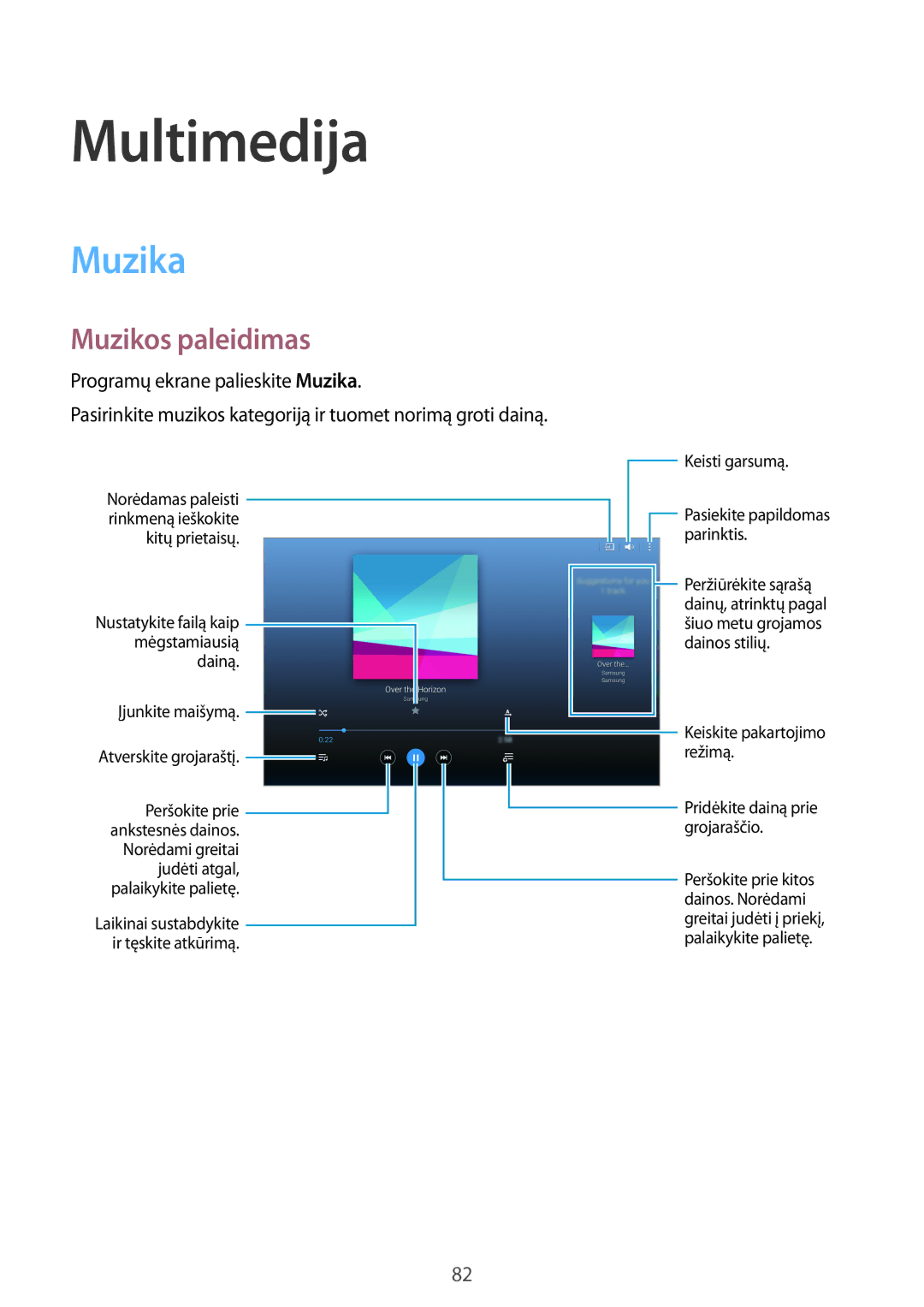 Samsung SM-T800NZWASEB, SM-T800NTSASEB, SM-T800NHAASEB manual Multimedija, Muzika, Muzikos paleidimas 