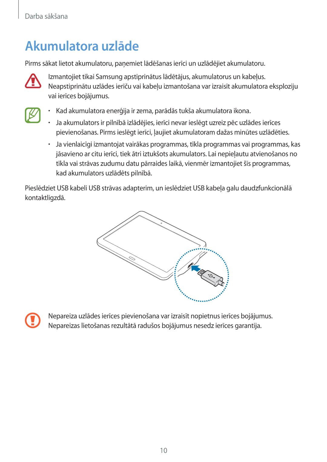 Samsung SM-T800NZWASEB, SM-T800NTSASEB, SM-T800NHAASEB manual Akumulatora uzlāde 