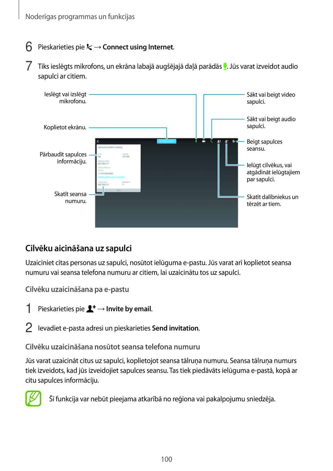 Samsung SM-T800NZWASEB manual Cilvēku aicināšana uz sapulci, Pieskarieties pie →Connect using Internet, →Invite by email 