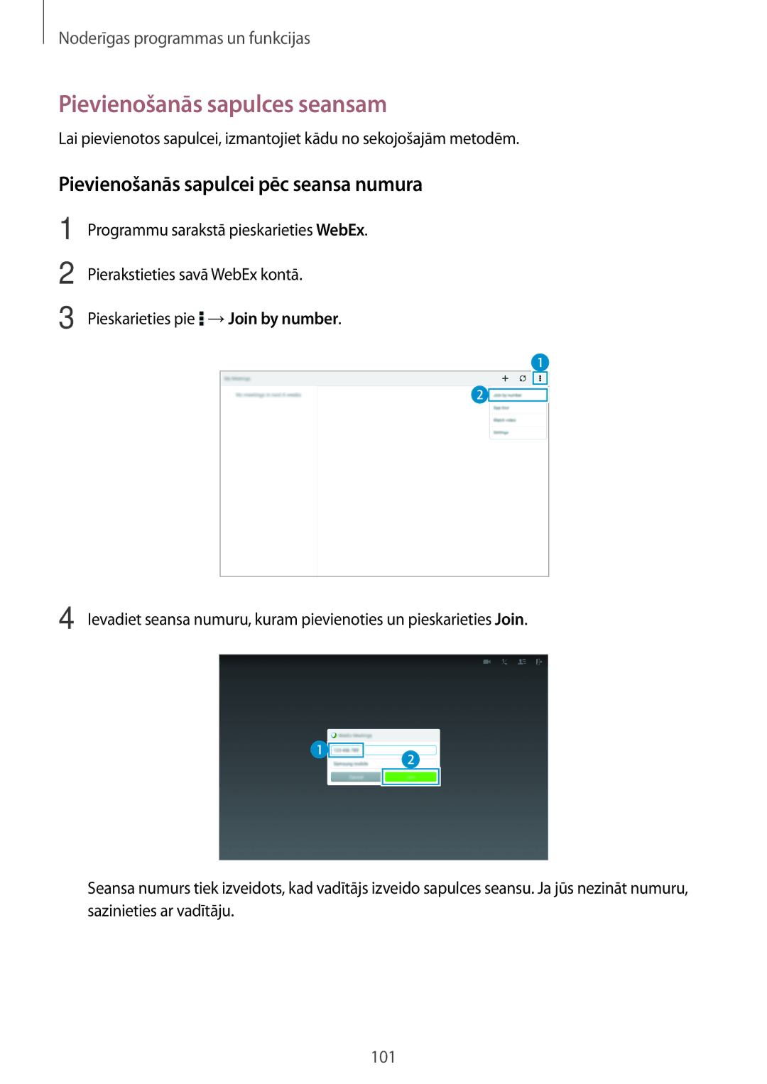 Samsung SM-T800NHAASEB, SM-T800NTSASEB manual Pievienošanās sapulces seansam, Pievienošanās sapulcei pēc seansa numura 