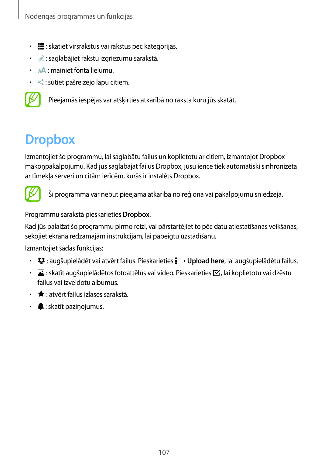 Samsung SM-T800NHAASEB, SM-T800NTSASEB, SM-T800NZWASEB manual Dropbox, Izmantojiet šādas funkcijas 