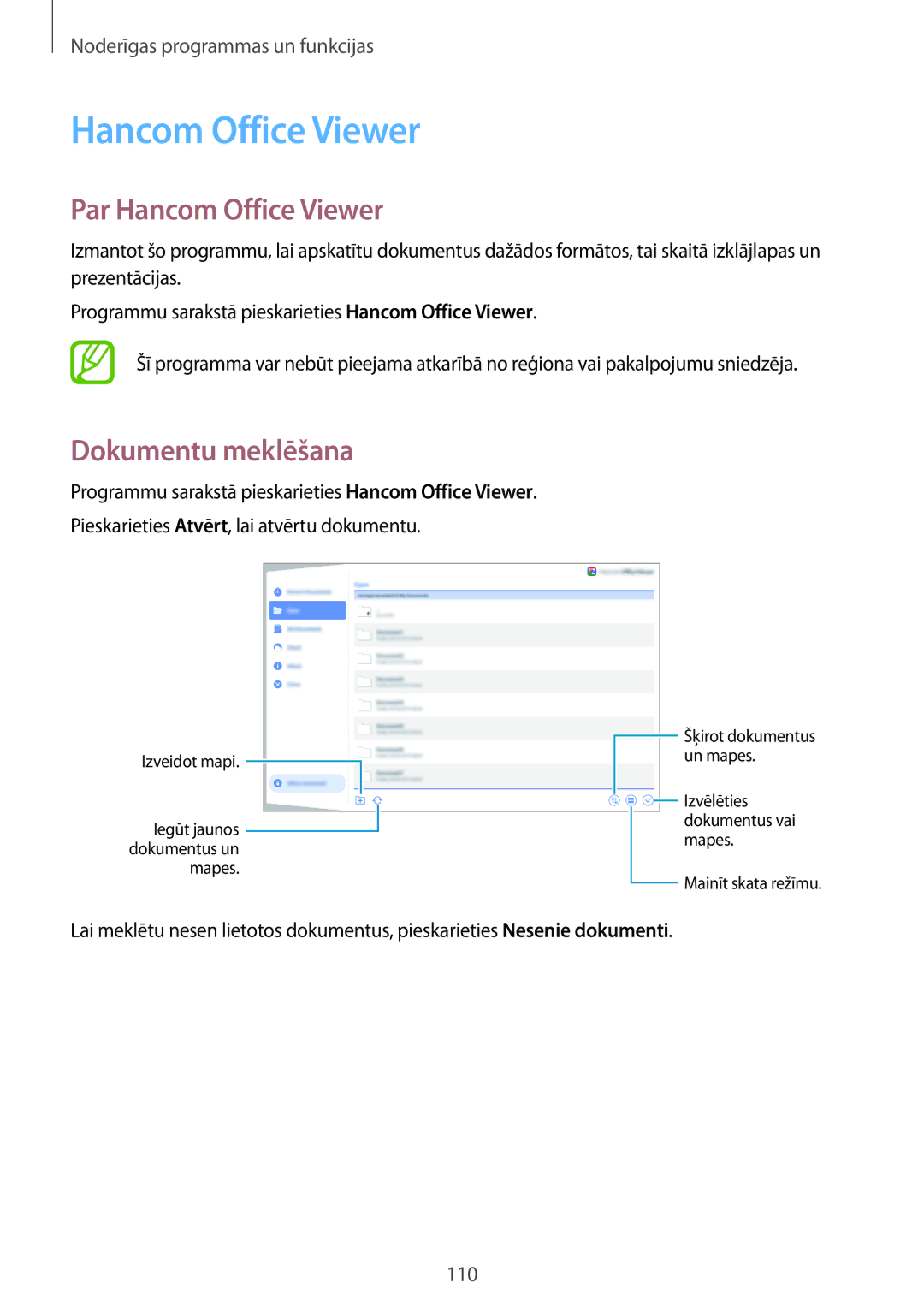 Samsung SM-T800NHAASEB, SM-T800NTSASEB, SM-T800NZWASEB manual Par Hancom Office Viewer, Dokumentu meklēšana 