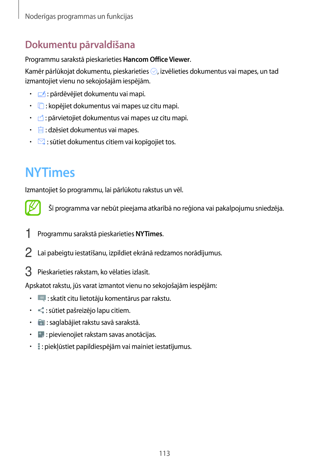 Samsung SM-T800NHAASEB manual NYTimes, Dokumentu pārvaldīšana, Izmantojiet šo programmu, lai pārlūkotu rakstus un vēl 