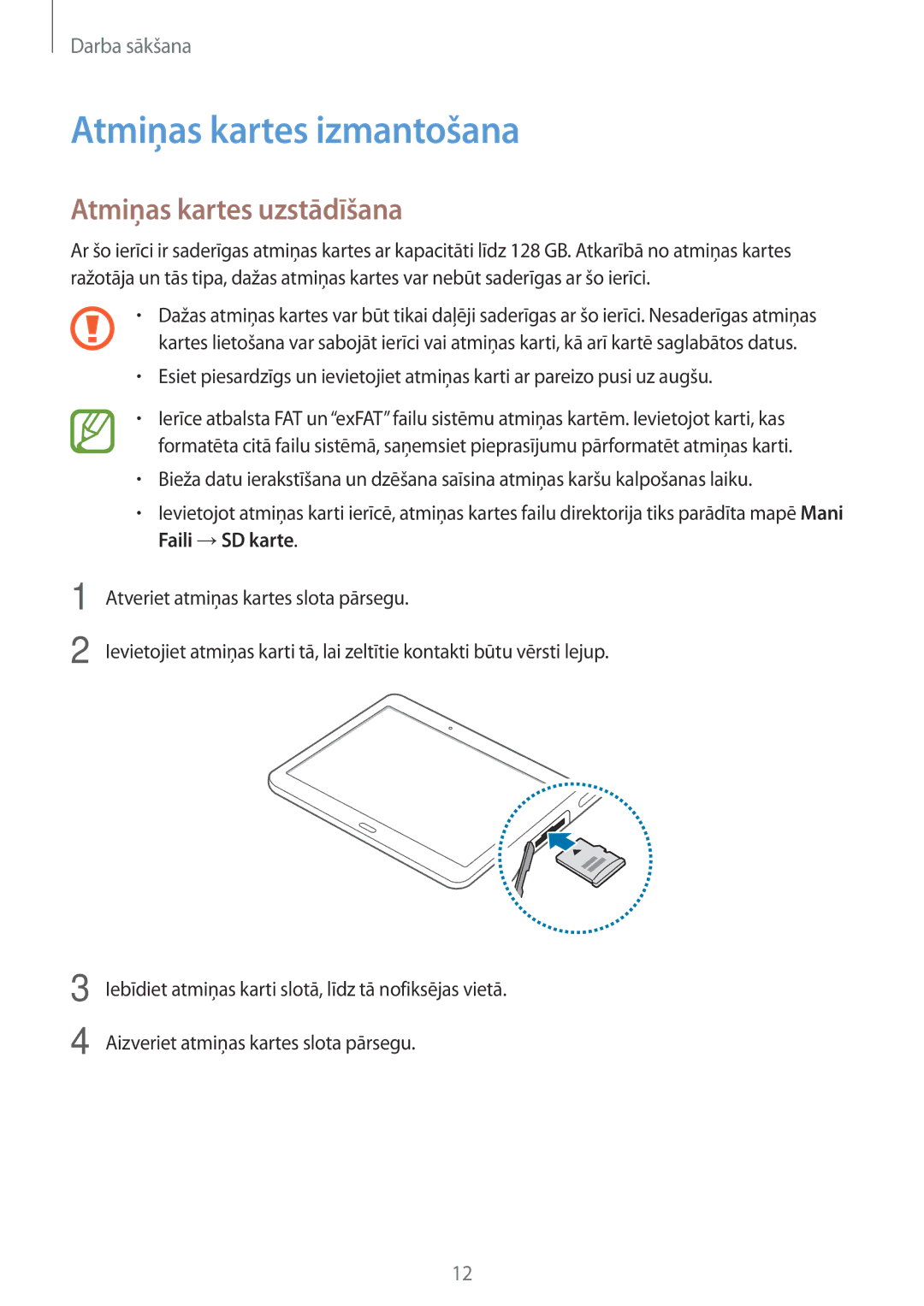 Samsung SM-T800NTSASEB, SM-T800NZWASEB, SM-T800NHAASEB manual Atmiņas kartes izmantošana, Atmiņas kartes uzstādīšana 