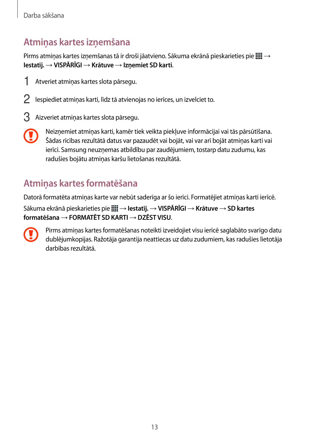 Samsung SM-T800NZWASEB, SM-T800NTSASEB, SM-T800NHAASEB manual Atmiņas kartes izņemšana, Atmiņas kartes formatēšana 