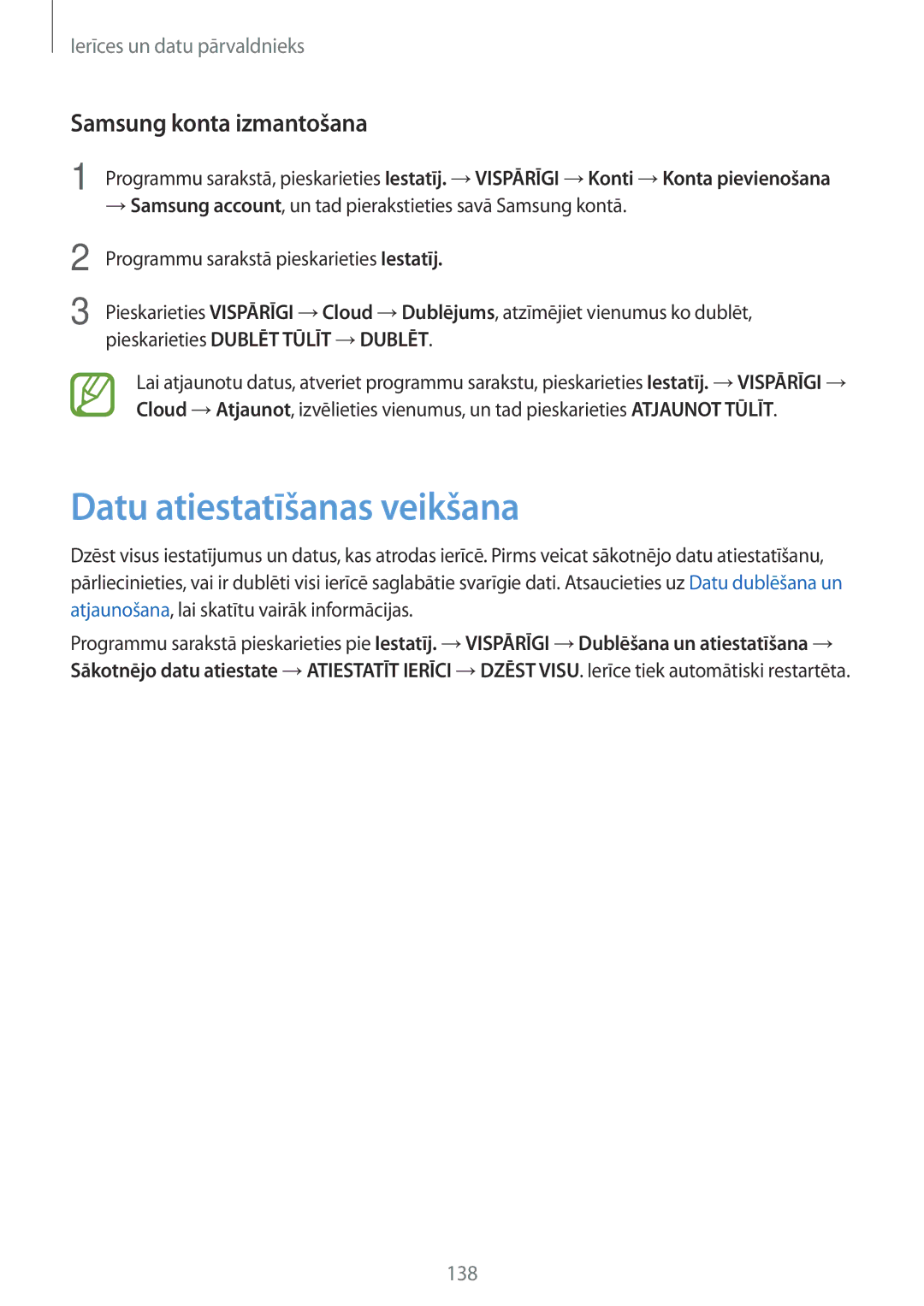 Samsung SM-T800NTSASEB, SM-T800NZWASEB, SM-T800NHAASEB manual Datu atiestatīšanas veikšana, Samsung konta izmantošana 