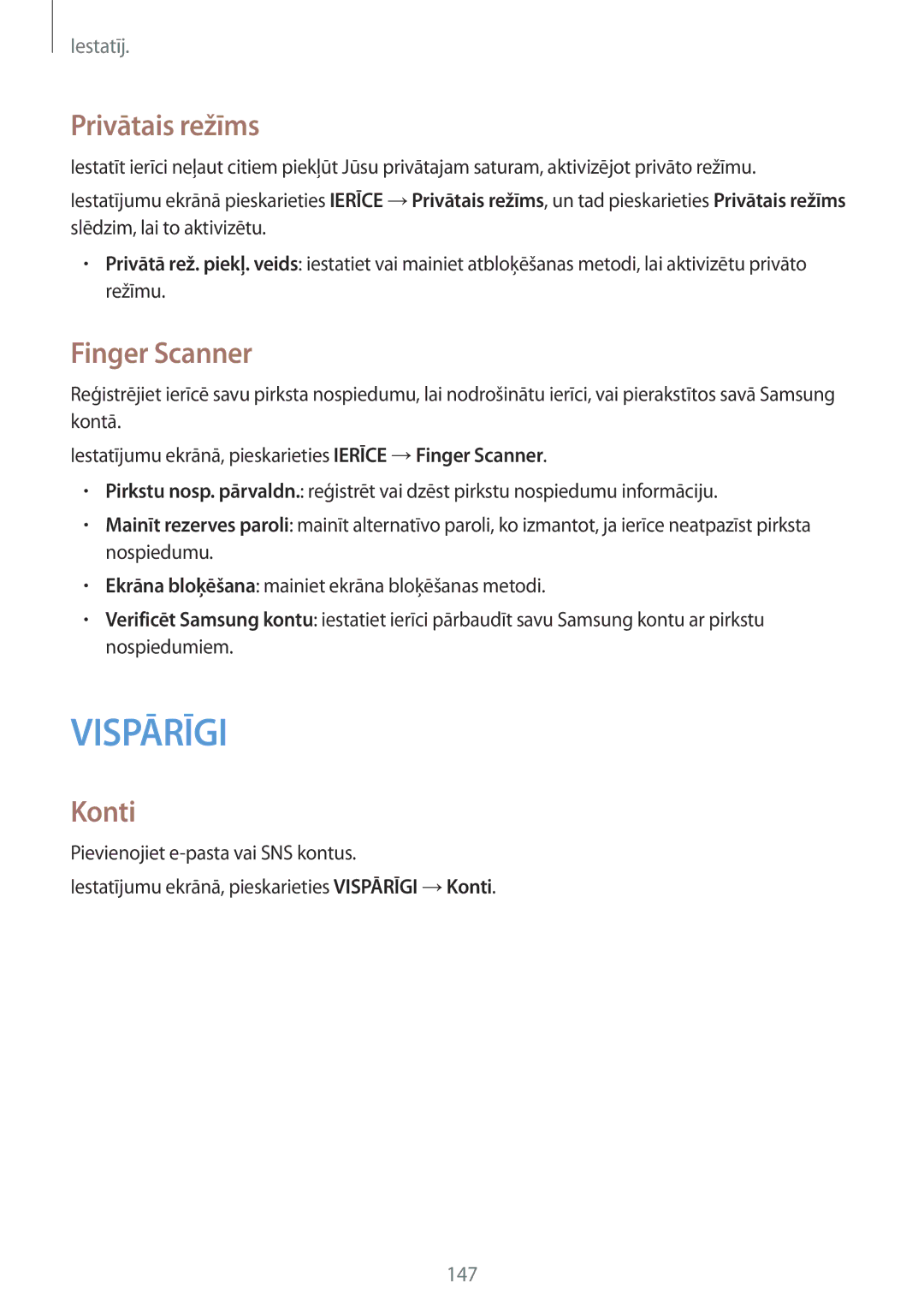 Samsung SM-T800NTSASEB, SM-T800NZWASEB, SM-T800NHAASEB manual Privātais režīms, Finger Scanner, Konti 