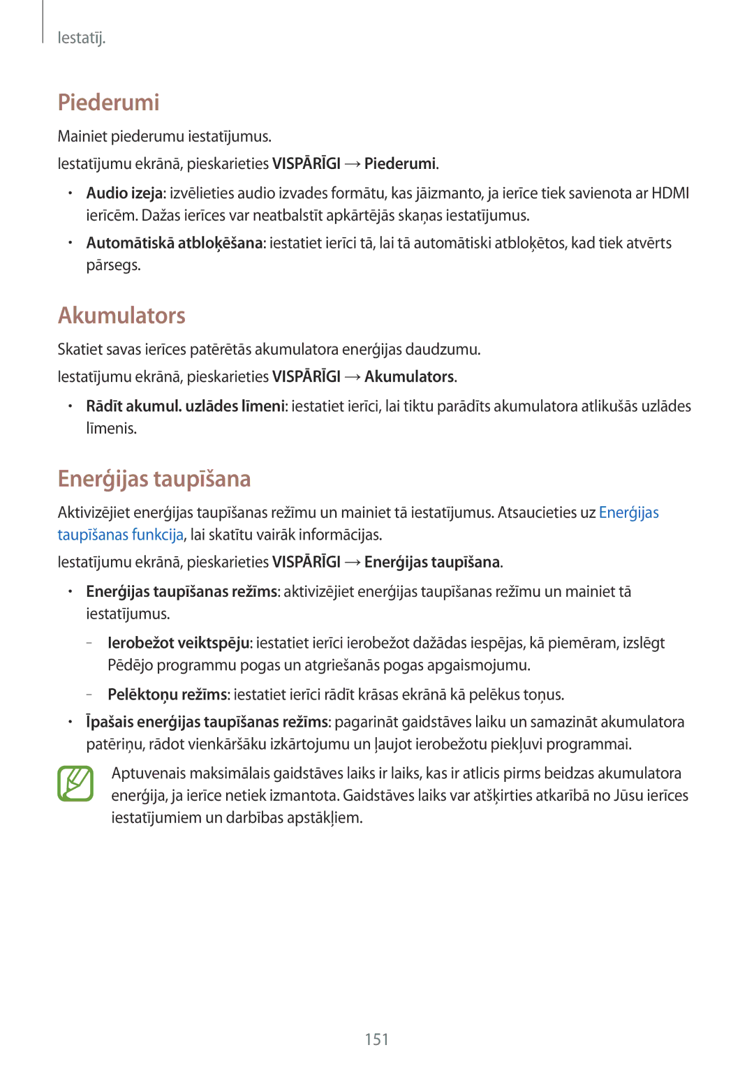 Samsung SM-T800NZWASEB, SM-T800NTSASEB, SM-T800NHAASEB manual Piederumi, Akumulators, Enerģijas taupīšana 