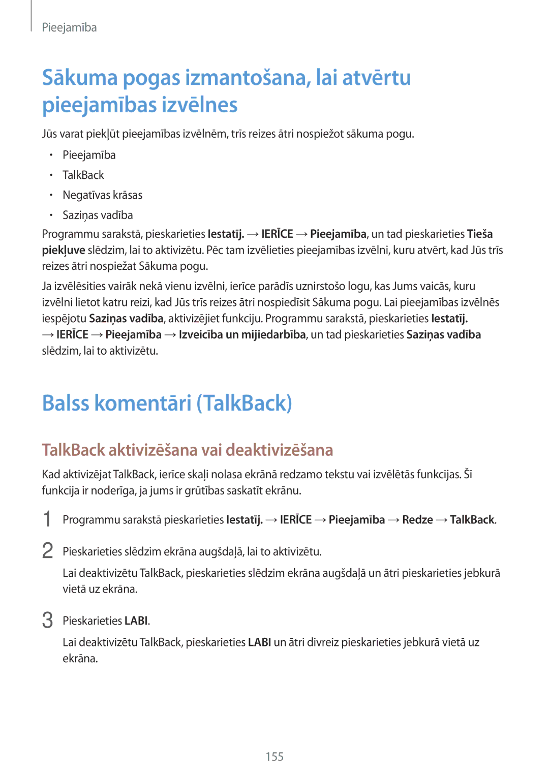 Samsung SM-T800NHAASEB manual Sākuma pogas izmantošana, lai atvērtu pieejamības izvēlnes, Balss komentāri TalkBack 