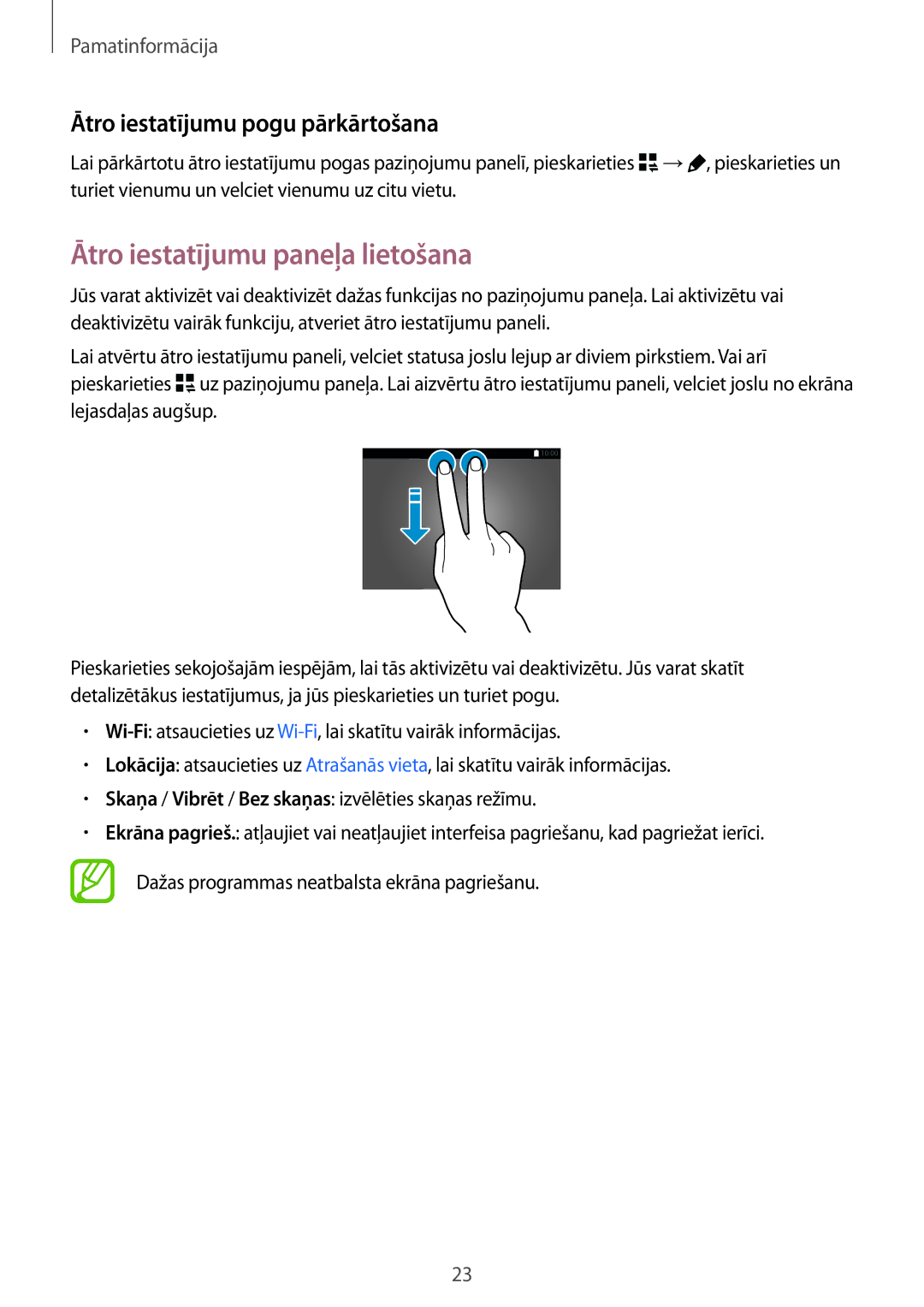 Samsung SM-T800NHAASEB, SM-T800NTSASEB manual Ātro iestatījumu paneļa lietošana, Ātro iestatījumu pogu pārkārtošana 