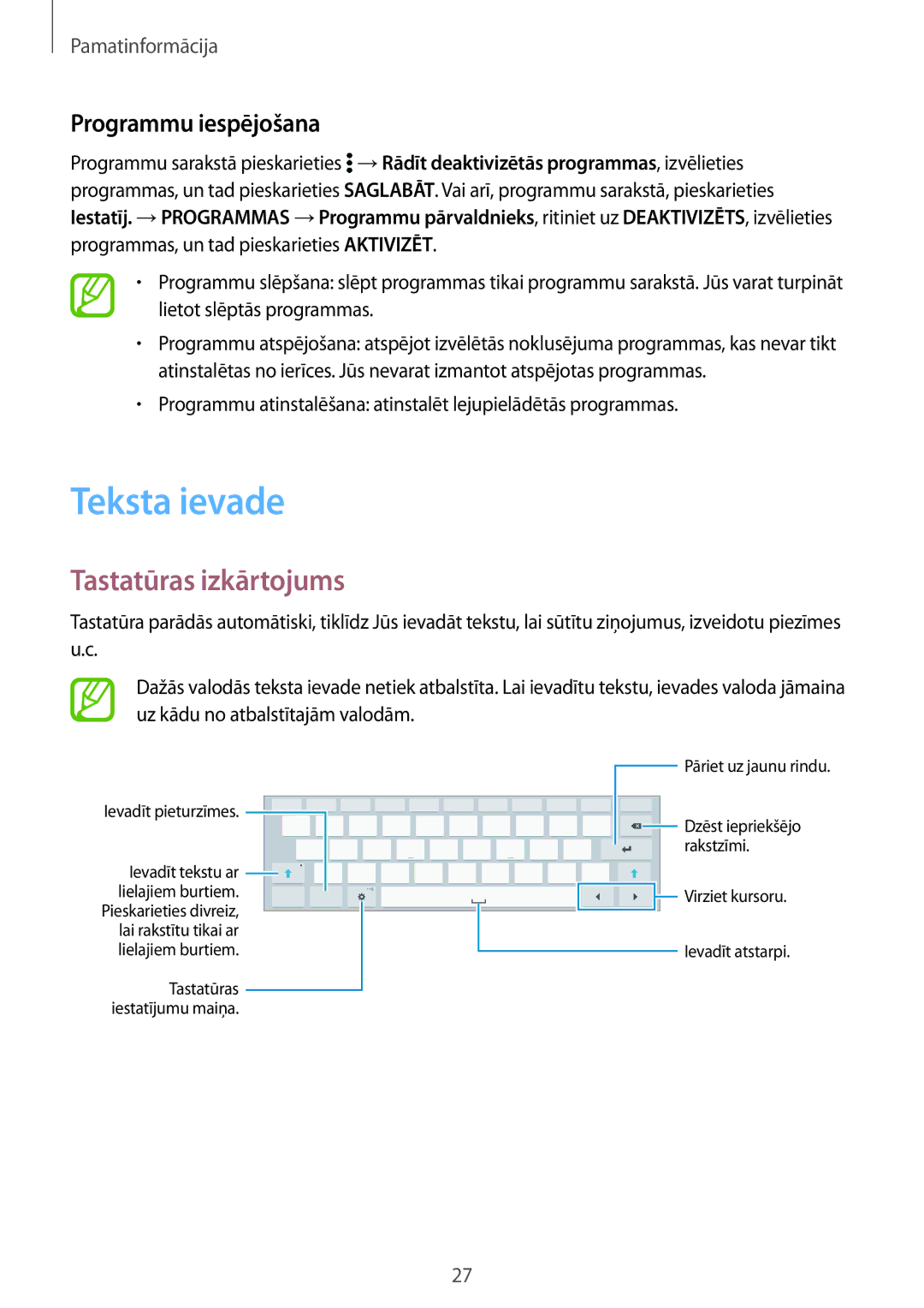 Samsung SM-T800NTSASEB, SM-T800NZWASEB, SM-T800NHAASEB manual Teksta ievade, Tastatūras izkārtojums, Programmu iespējošana 