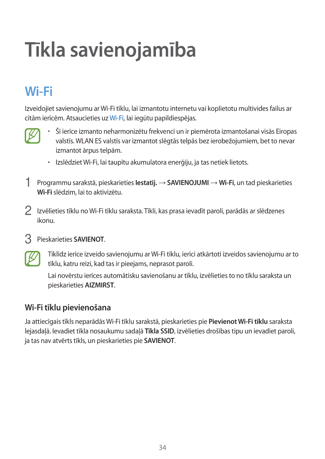 Samsung SM-T800NZWASEB, SM-T800NTSASEB, SM-T800NHAASEB manual Tīkla savienojamība, Wi-Fi tīklu pievienošana 