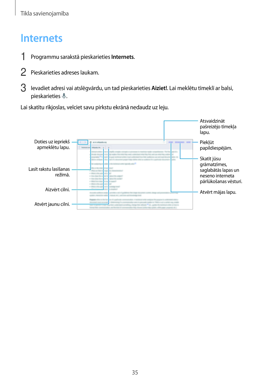 Samsung SM-T800NHAASEB, SM-T800NTSASEB manual Programmu sarakstā pieskarieties Internets, Pieskarieties adreses laukam 